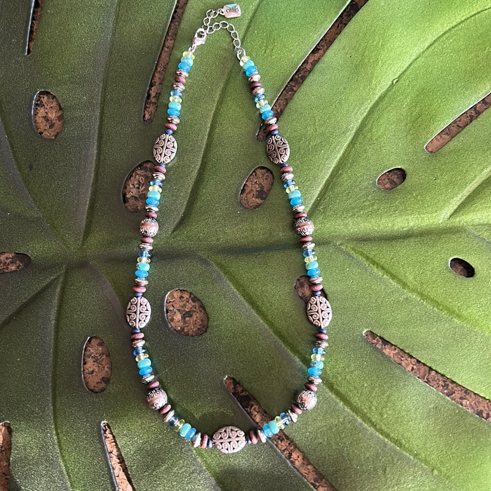 18” necklace with silver and varied beading.